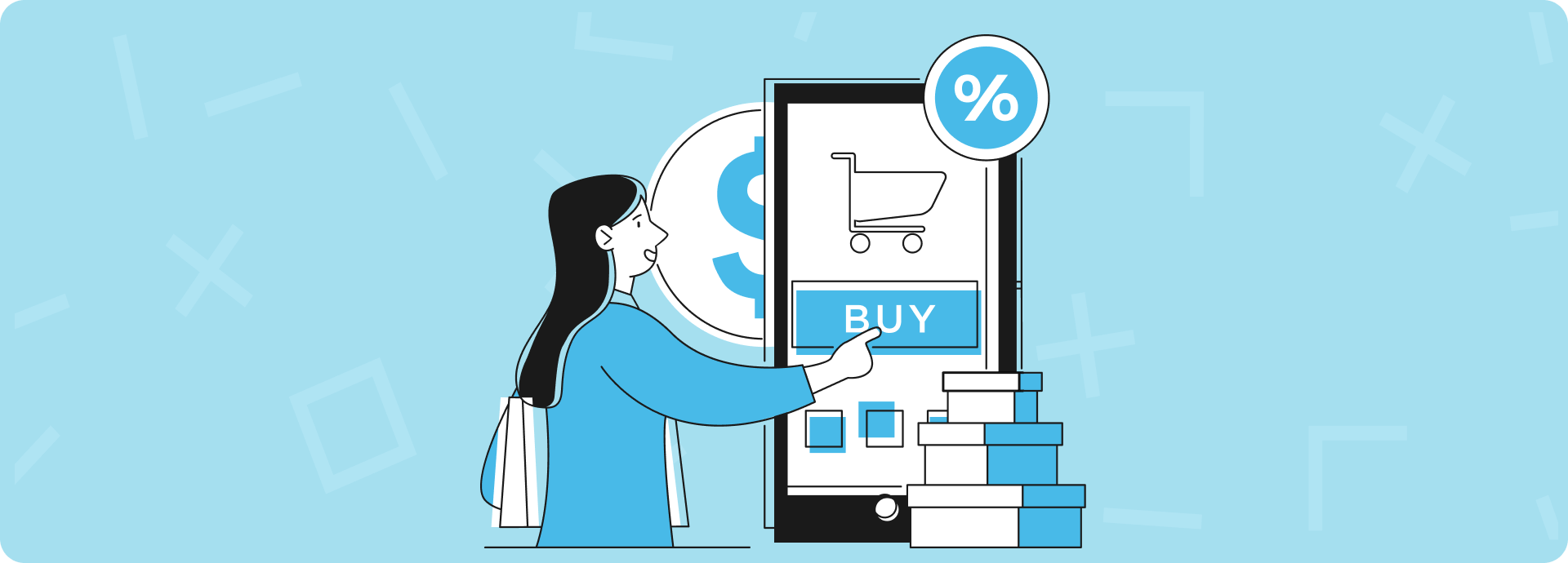 Blog illustration of a woman hitting a 'buy' button on a kiosk.